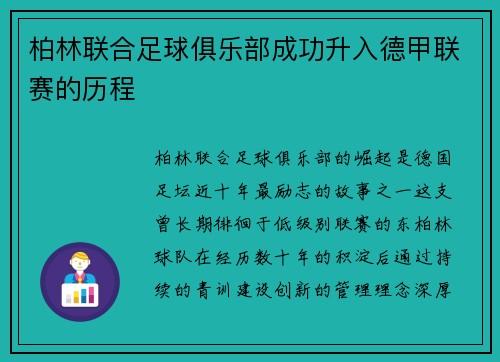 柏林联合足球俱乐部成功升入德甲联赛的历程